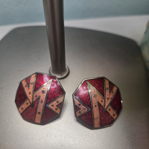 SG Jewelry - Vintage Geometric Red and Gold Pierced Earrings Signed SG